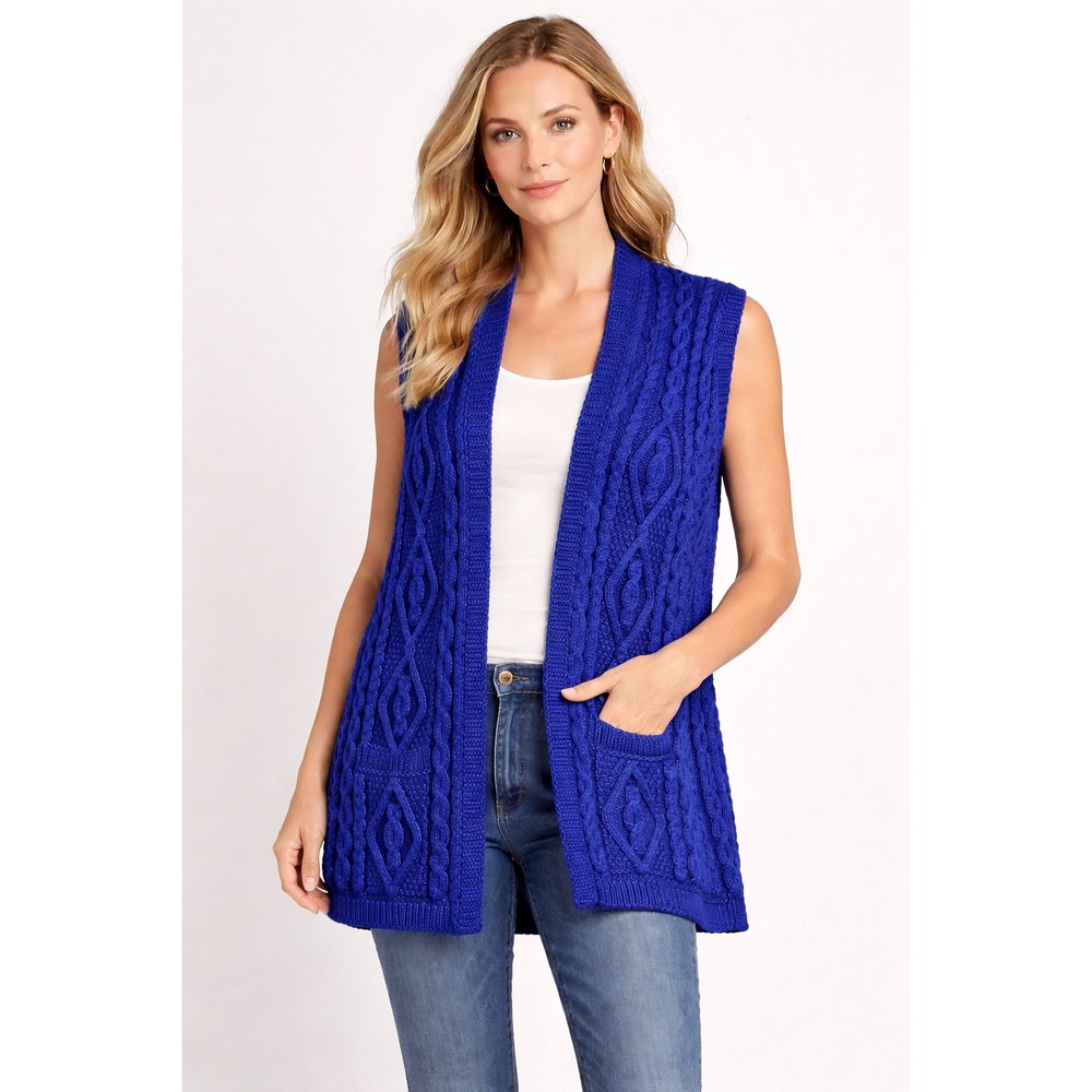 Aran Crafts Ireland Blue 100% Merino Wool‎ Cable Knit Cardigan Vest XL XXL